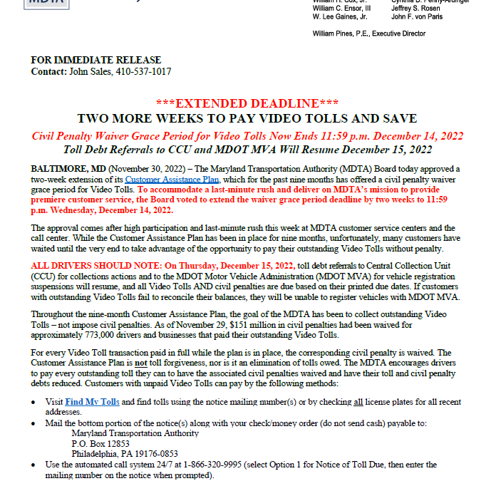 Press Release:  MDTA Video Toll Extension